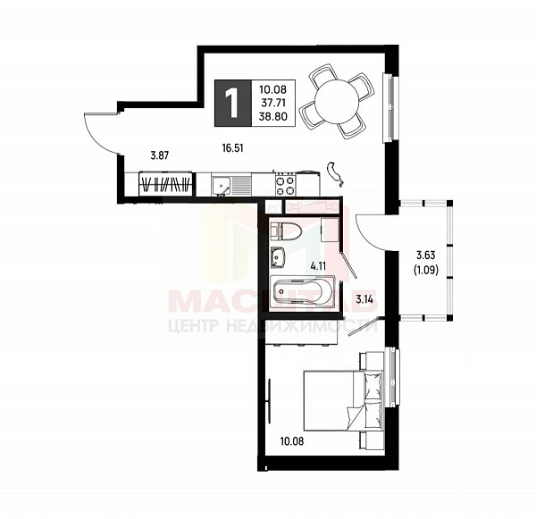 1-к. квартира, 38,8м², 6/22 эт. ЖК “Имена”